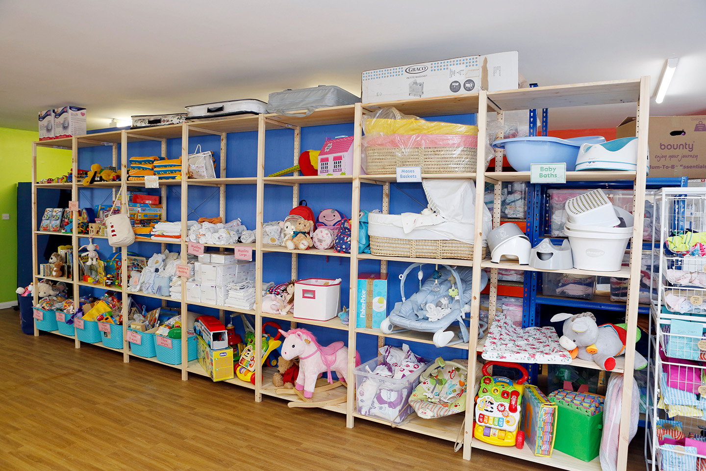 The baby bank provides essentials for babies and young children, including items like clothes, shoes, cots, nappies, toiletries, buggies, and toys to families needing extra support.   